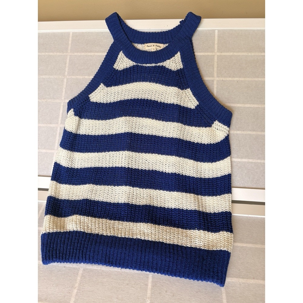Aaron & Amber Striped Knit Halter Tank Top SzM Boho Blue White Coastal Grandma